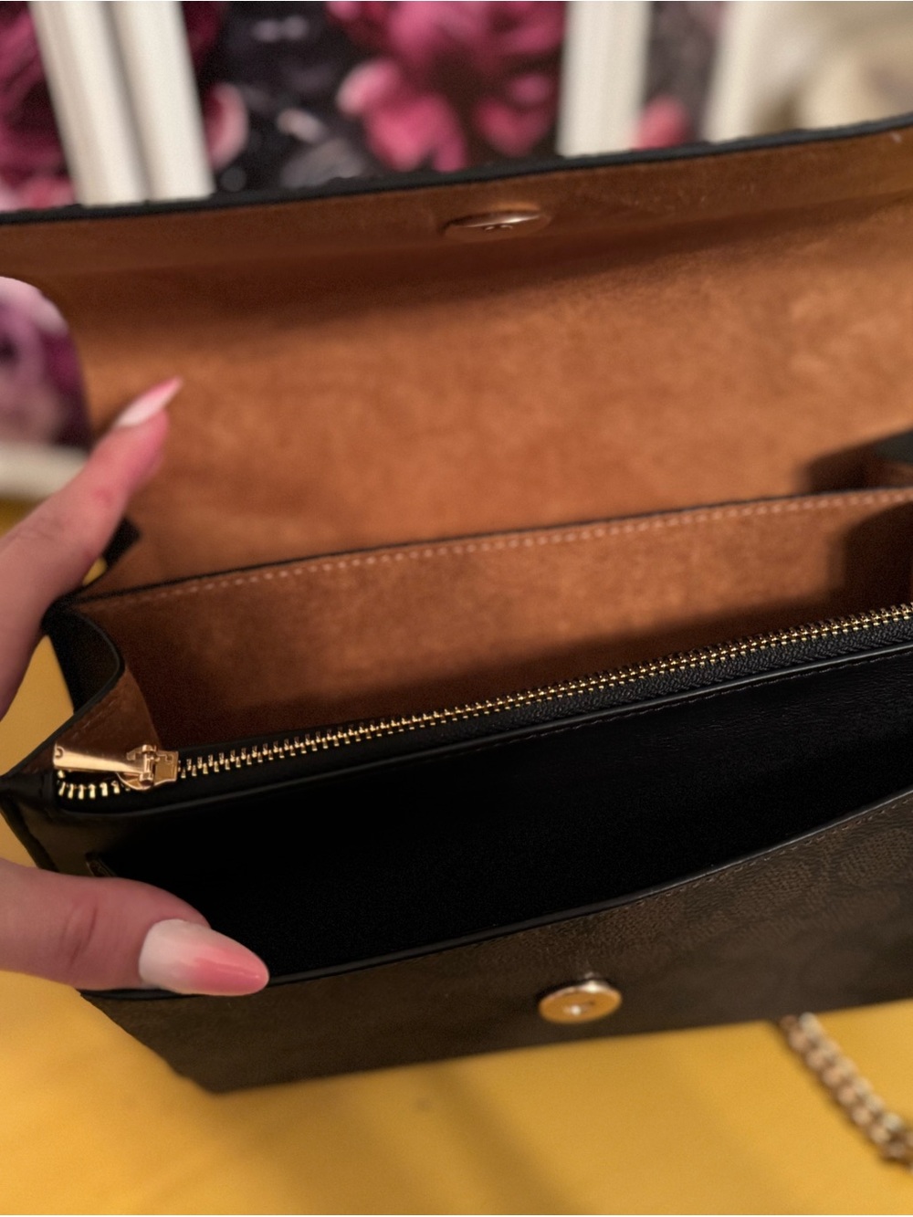 Coach Black Leather and Signature Canvas Crossbody with Gold Chain - Picture 4 of 5